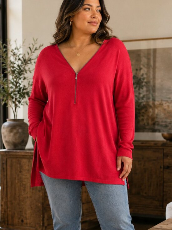 Trouve Sweaters - TROUVÉ Red Cashmere Blend Zip V-Neck Tunic Sweater XL EUC